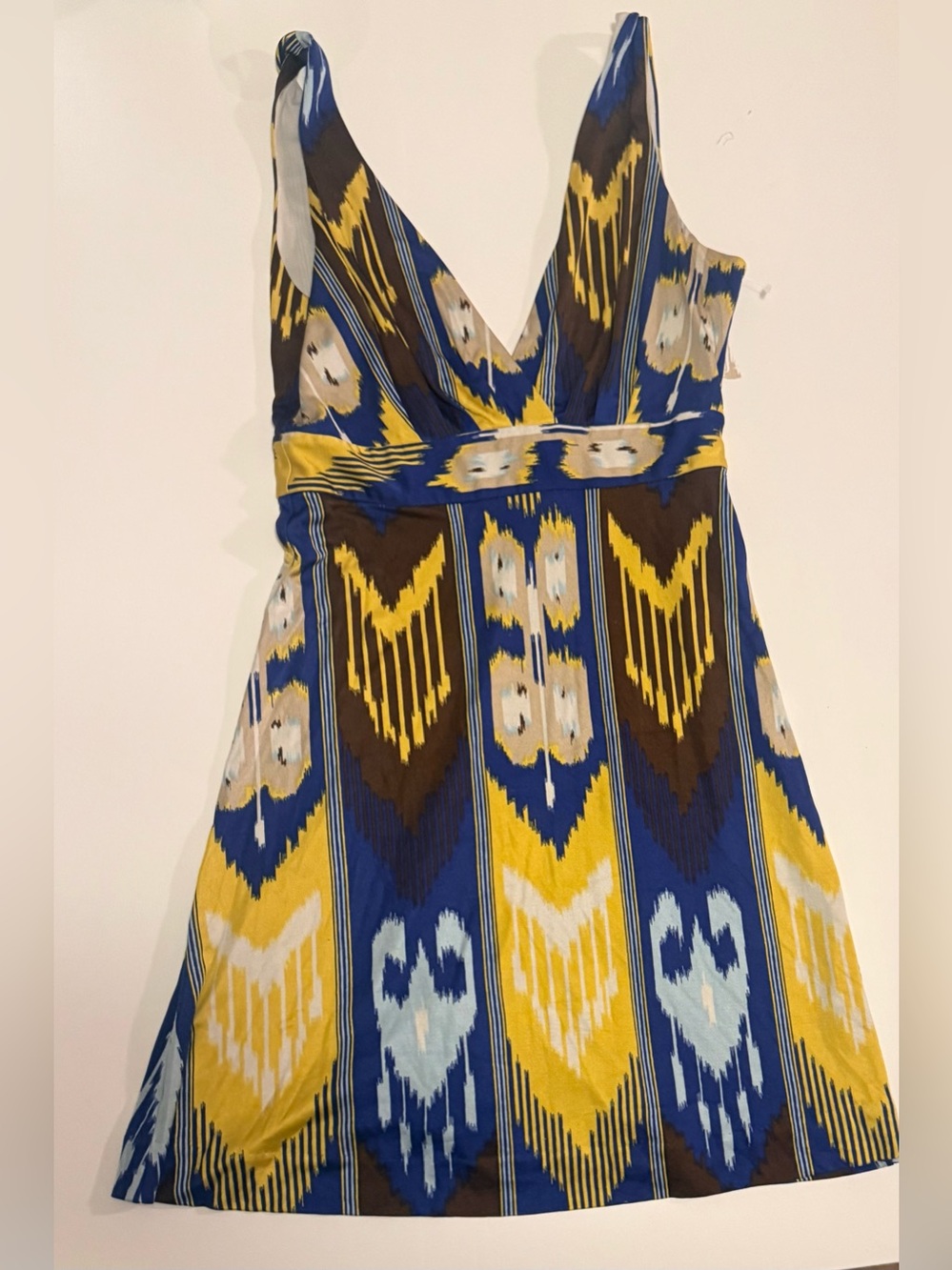 Tory Burch Blue, Yellow & Brown V-Neck Printed Mini Dress